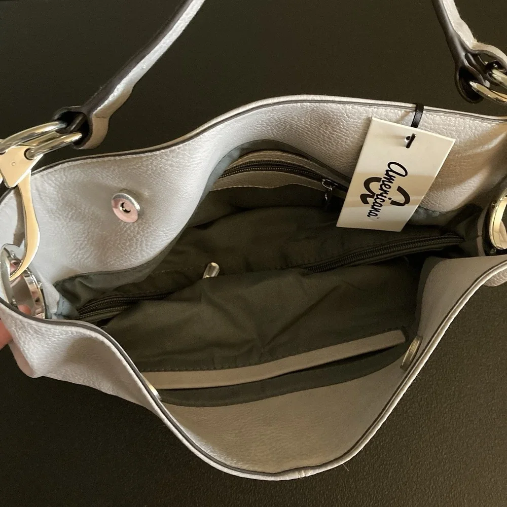 New Americana Purse Beige Pebbled Faux Leather‎ Handbag Pockets Shoulder Strap